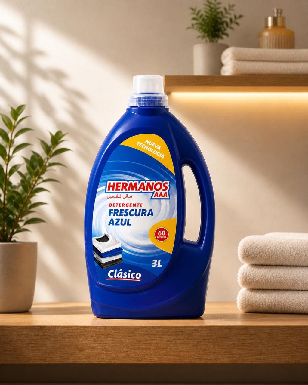 Hermanos Classic Blue laundry detergent, 3L bottle with 60 washes, on a warm wooden shelf