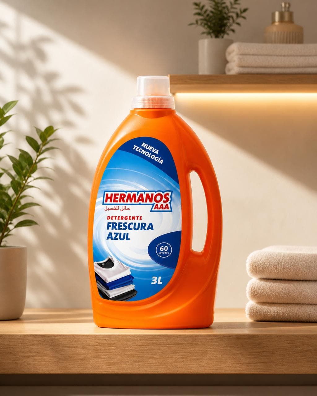 Hermanos Vibrant Orange laundry detergent, 3L bottle with 60 washes, in a sunlit laundry corner