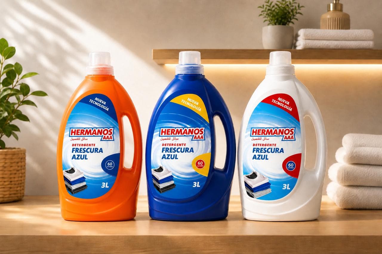 The Hermanos laundry detergent range — orange, blue and white 3L bottles side by side