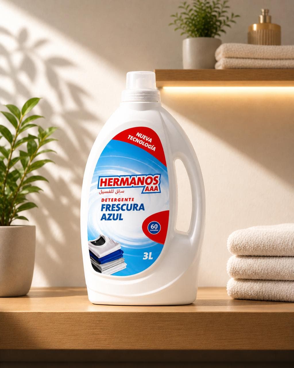 Hermanos Pure White laundry detergent, 3L bottle with 60 washes, styled with folded towels