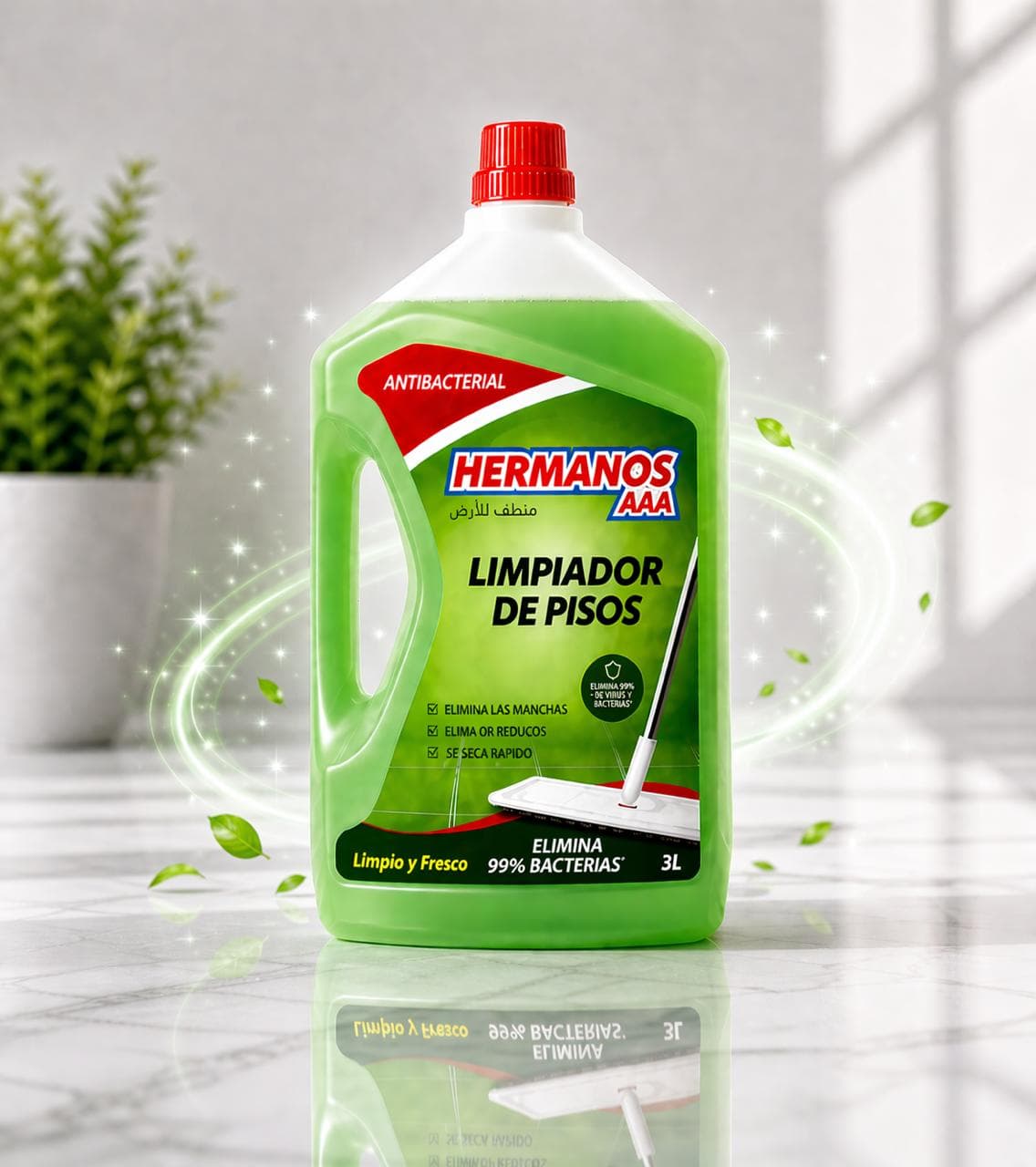 Hermanos Green antibacterial floor cleaner, 3L bottle, on a bright tiled floor