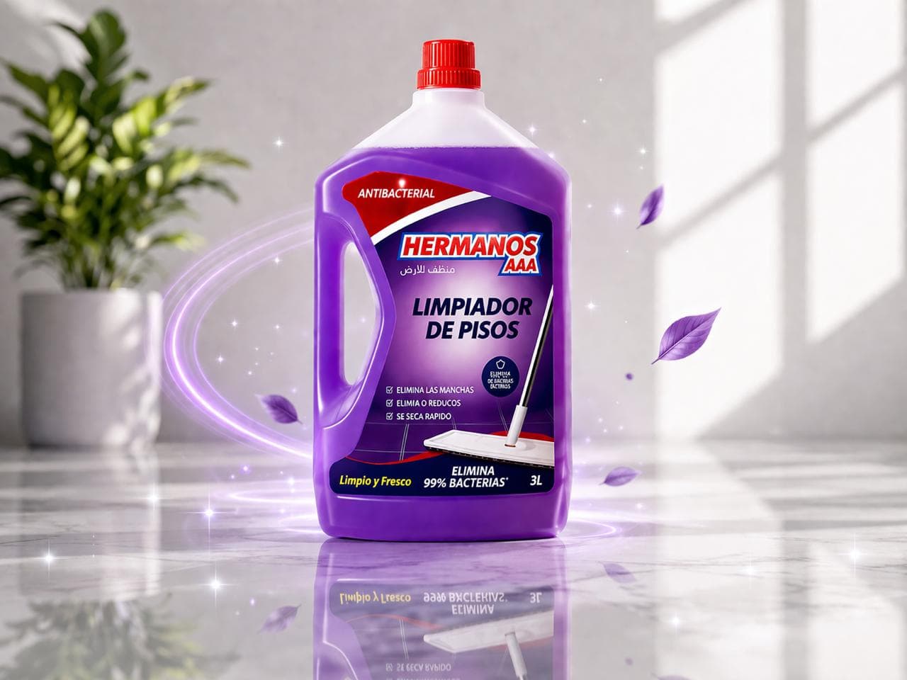 Hermanos Purple antibacterial floor cleaner, 3L bottle, in a bright styled scene with purple accents