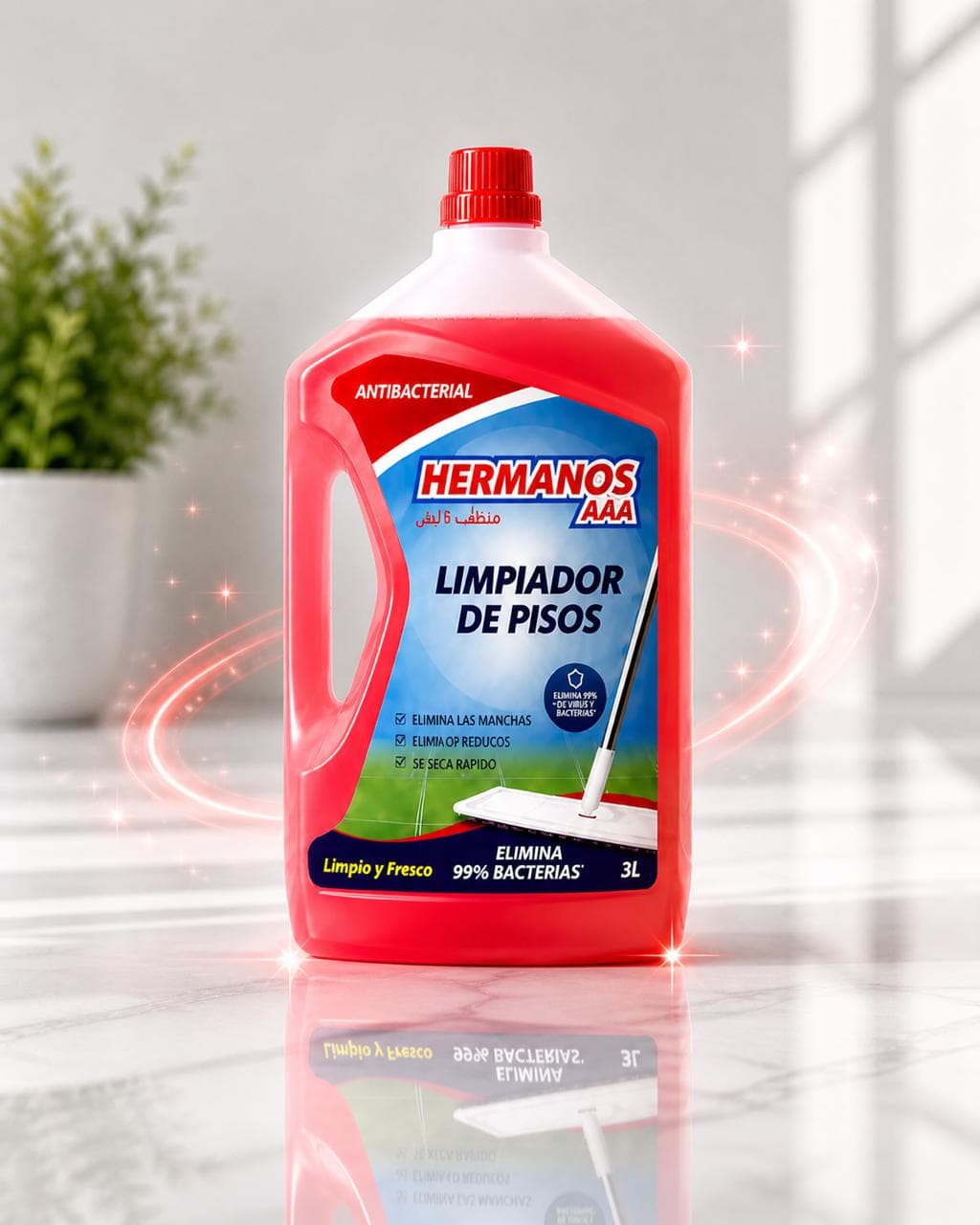 Hermanos Red antibacterial floor cleaner, 3L bottle, on a glossy marble floor