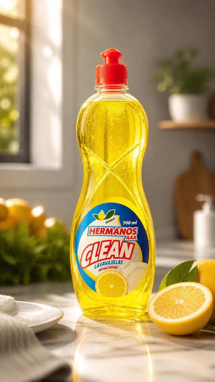 Hermanos Lemon dishwashing liquid, 700ml antibacterial bottle, on a marble kitchen counter with fresh lemons