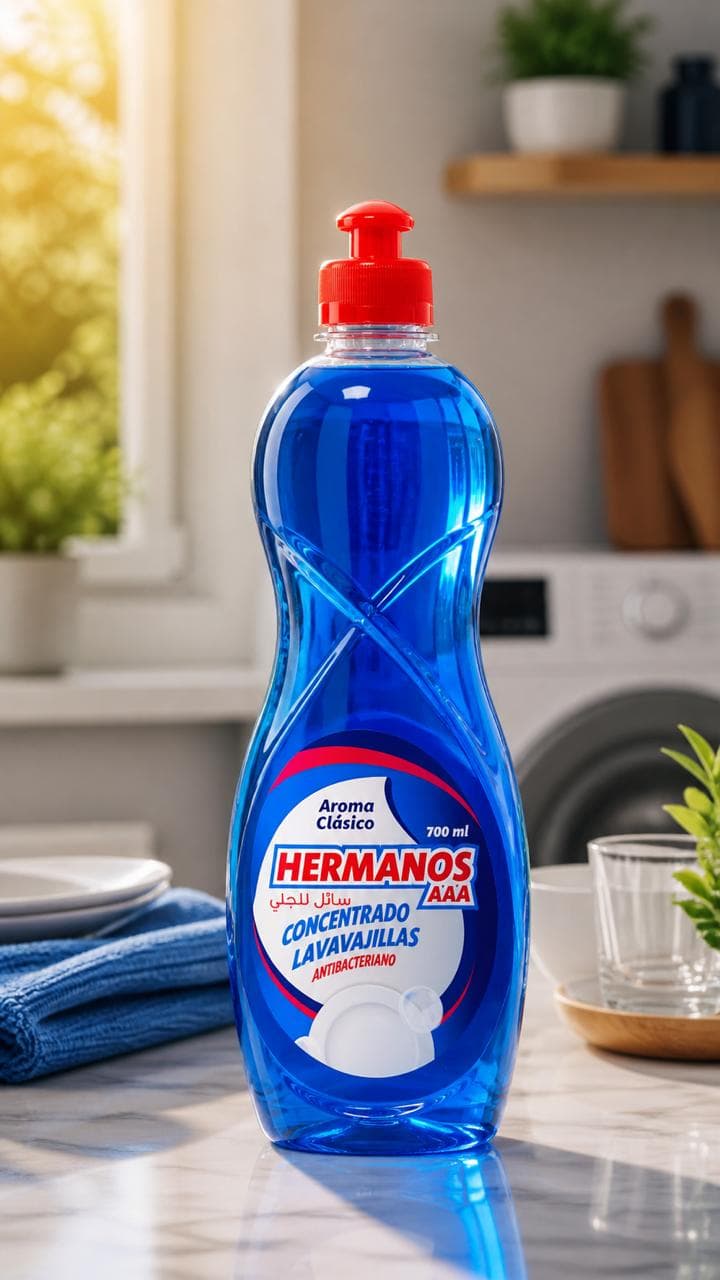 Hermanos Original dishwashing liquid, 700ml antibacterial bottle with classic aroma, in a sunlit kitchen