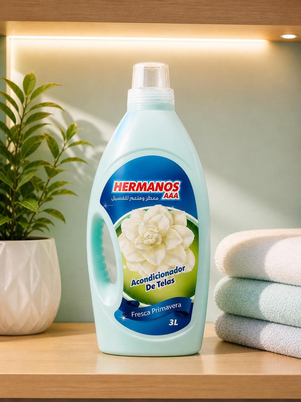 Hermanos Aqua fabric softener 3L bottle, Fresh Spring scent, on a wooden shelf with towels