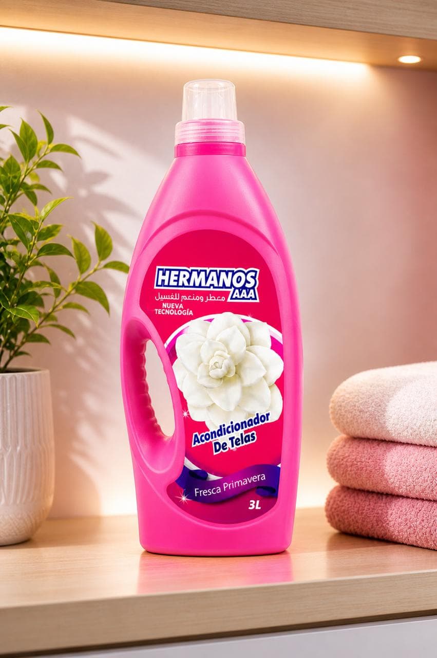 Hermanos Pink fabric softener 3L bottle, Wildflowers scent, styled with pink towels