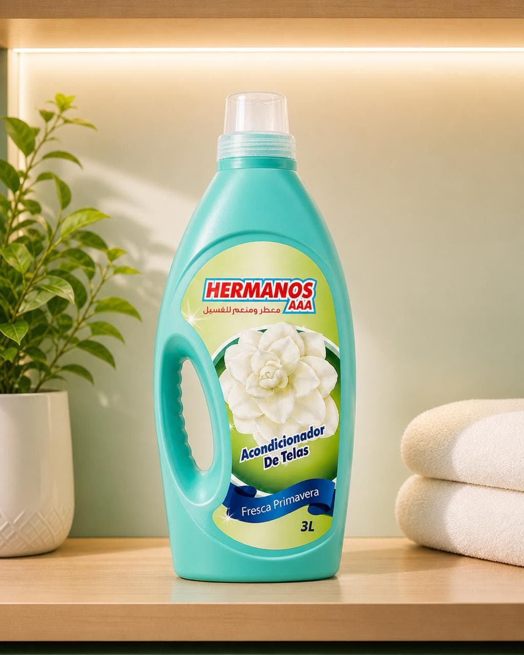 Hermanos Teal fabric softener 3L bottle, Fresh Spring scent, on a backlit shelf