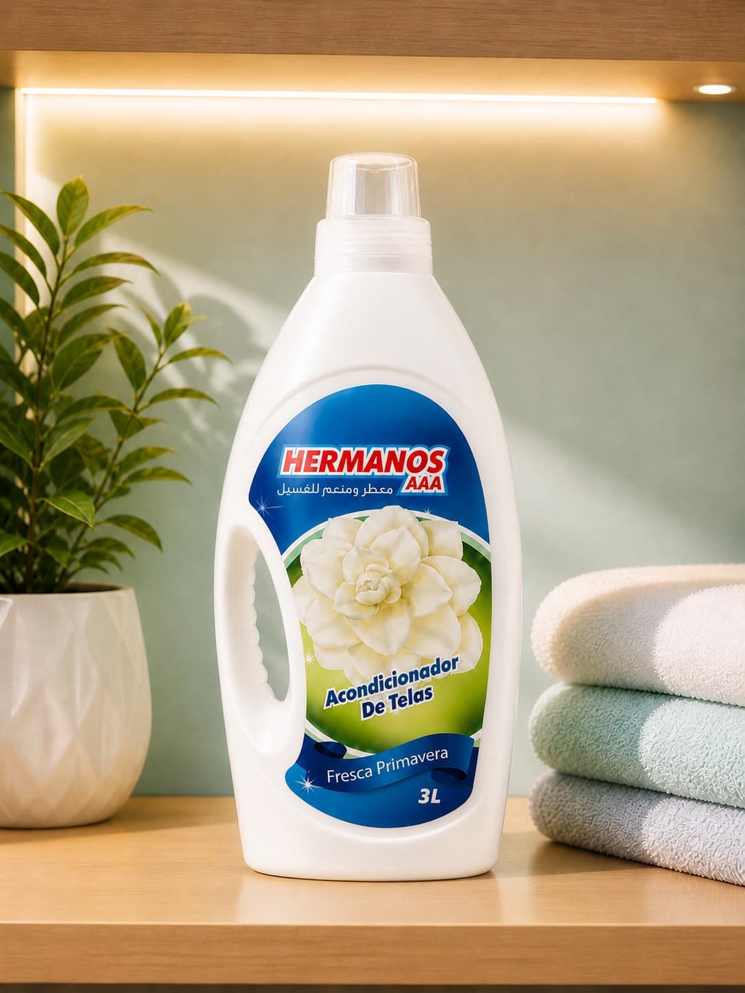 Hermanos White fabric softener 3L bottle with gardenia flower label, Fresh Spring scent, on a backlit shelf with towels